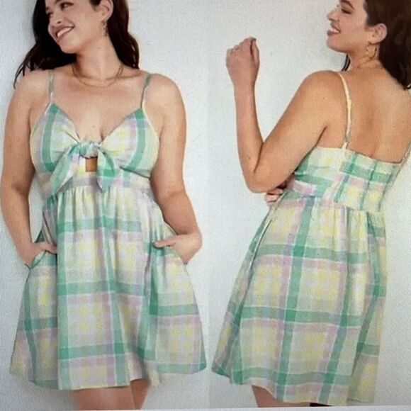 New! Old Navy Fit & Flare Tie-Front Linen Blend Pastel Plaid Mini Dress Medium - Picture 1 of 16